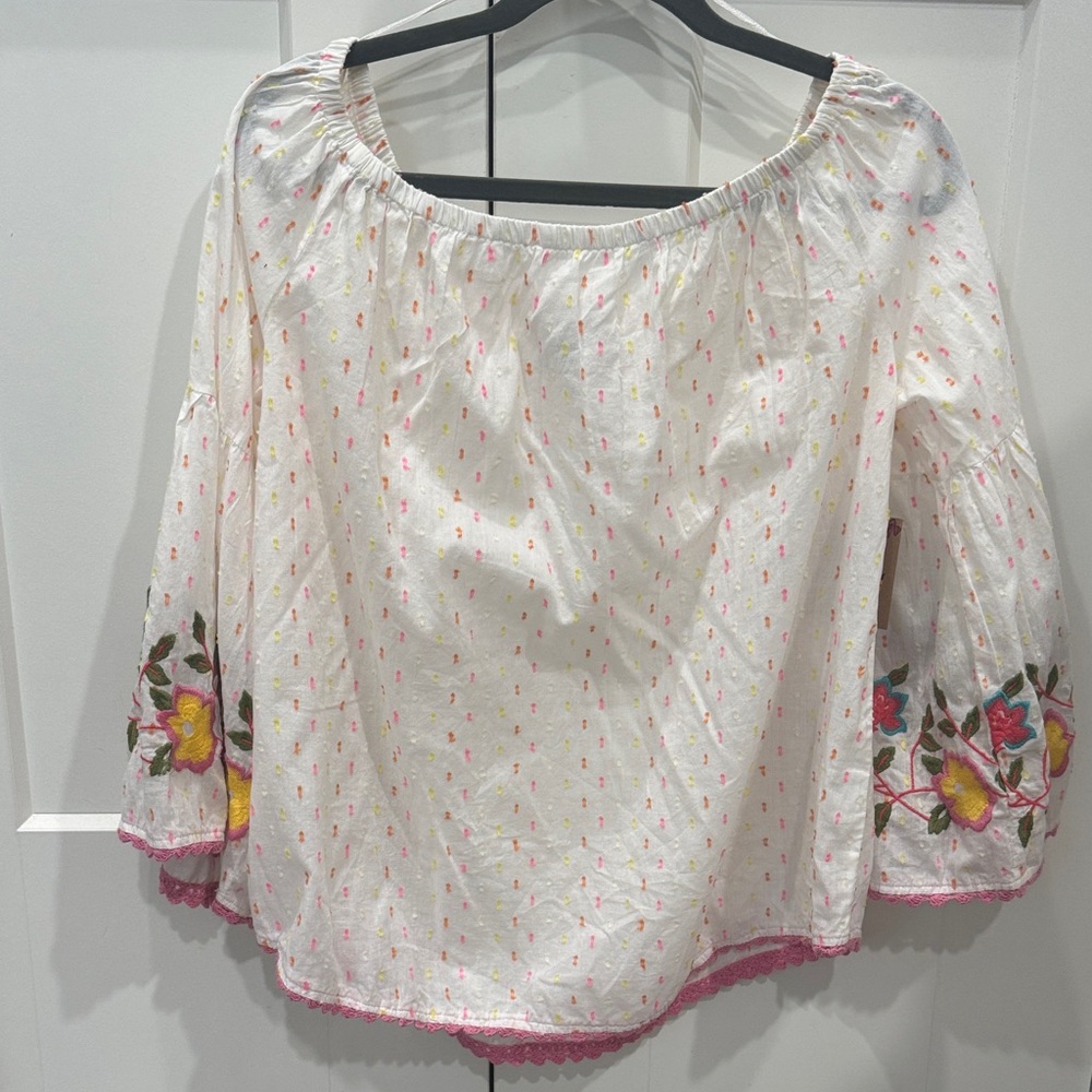 Ivy Jane White Blouse with Pink and Yellow Floral Embroidery
